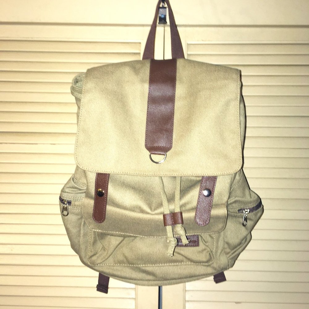 NEW Large Tan & Brown Canvas Unisex Backpack